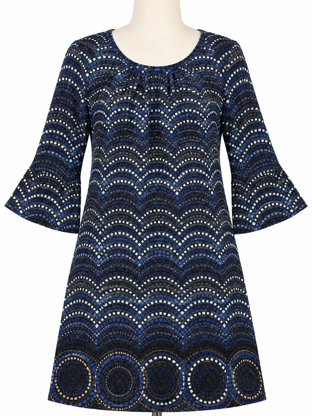 Aryeh‎ Dress Womens Large Blue Black Geometric Knit Shift Bell Sleeve Tunic